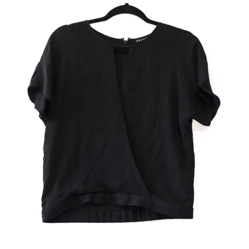 Theory Black Silk Faux Wrap Top Plunge Medium